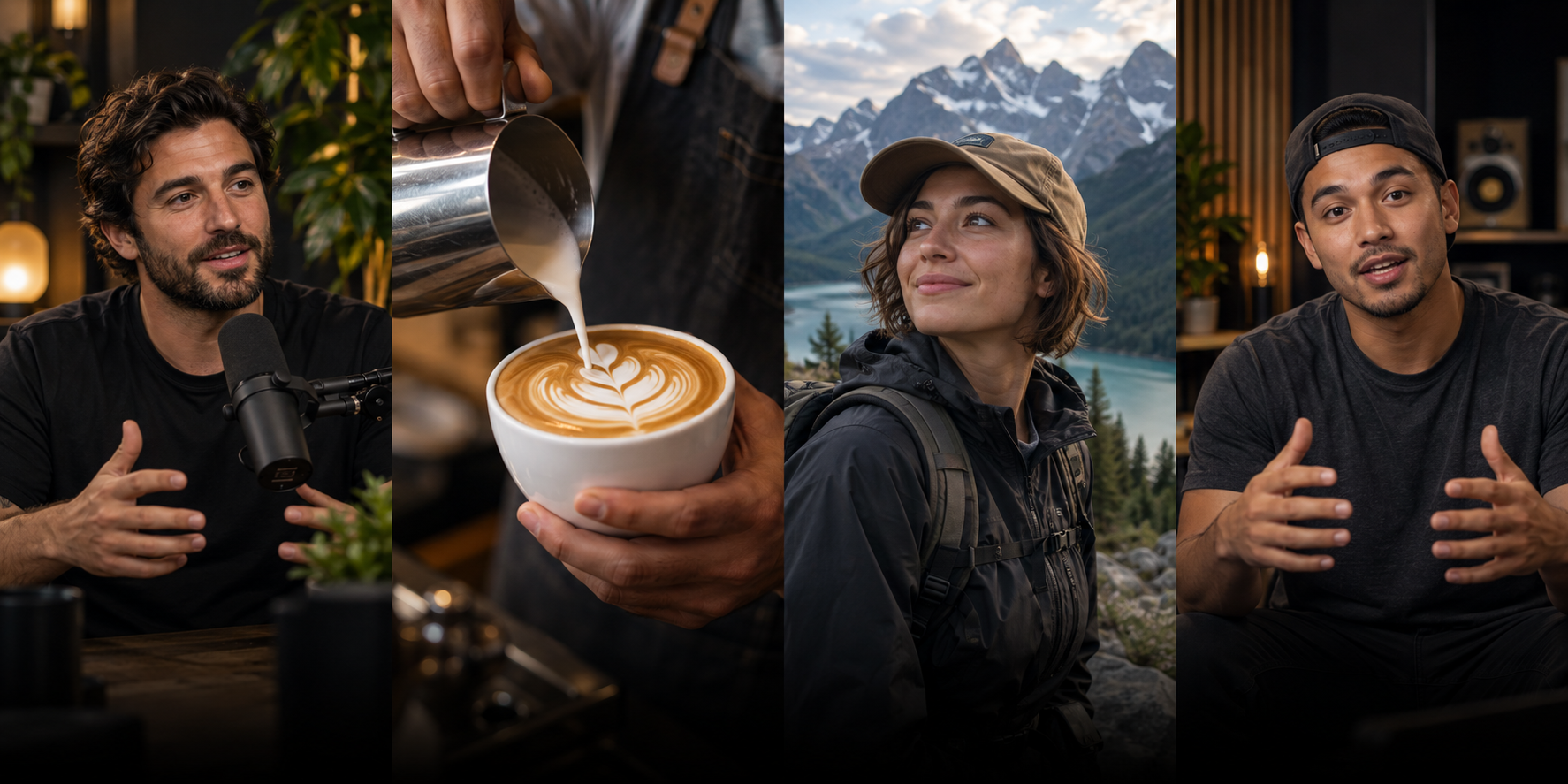 AI-generated creative examples: podcast, coffee tutorial, travel and creator video